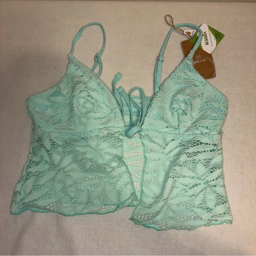 Berlook Cyan Textured Lace Trimmed Tankini Top & Bikini Bottom Mint Green Size M